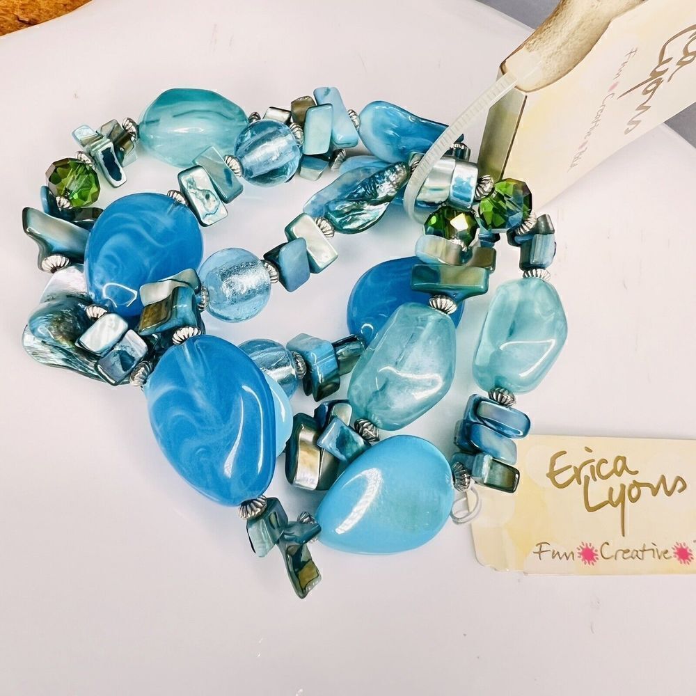 3 Vintage Bracelet Blue Shades Shell Glass Lucite Beads Stretch Erica Lyons 4704